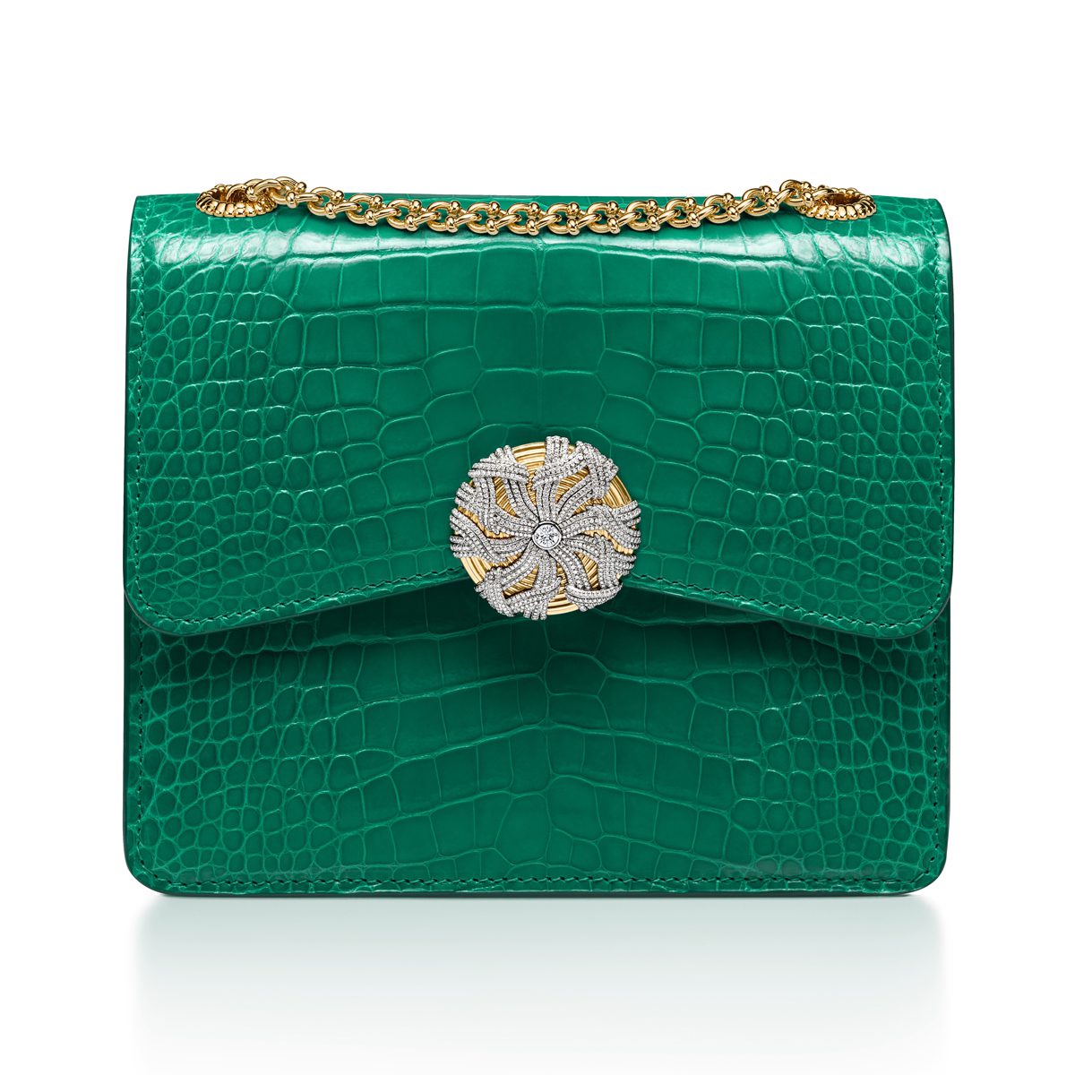 Sac Tiffany Ribbons cuir alligator vert et strass